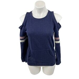 Joei & I Women Medium Blue Jersey Sweatshirt Cold Shoulder Stripe Tattered